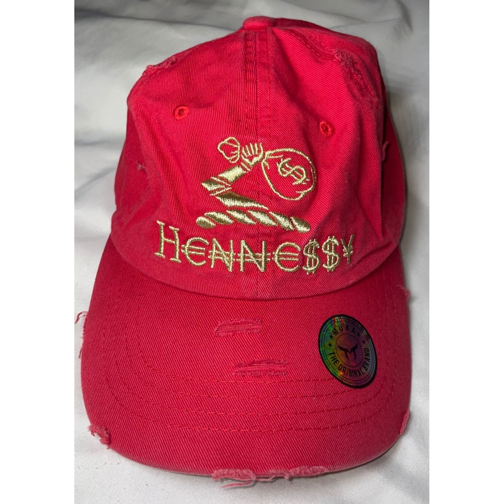 MUKAS Hennessy Money Bag Distressed Baseball Cap Red Gold Embroidery Streetwear
